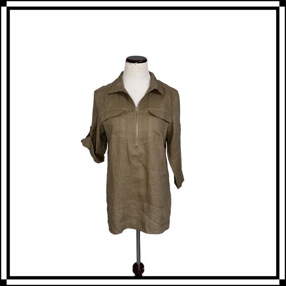 Like New! Ellen Tracy, Dark Khaki Linen Top, Size Medium - Picture 1 of 5